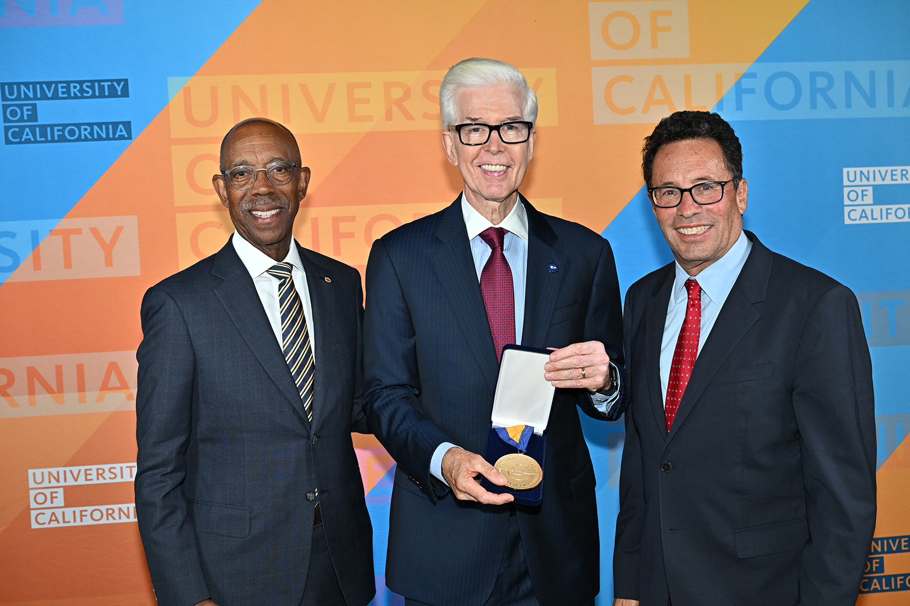 From left to right, President Drake, former Gov. Gray Davis and UC Board of Regents Chair Richard Leib at an event honoring Gov. Davis held on Sept. 20 at UCLA.