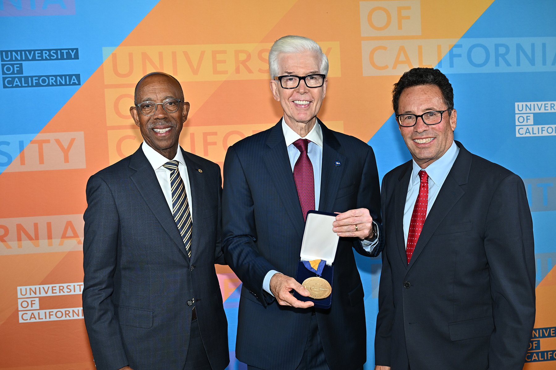From left to right, President Drake, former Gov. Gray Davis and UC Board of Regents Chair Richard Leib at an event honoring Gov. Davis held on Sept. 20 at UCLA.